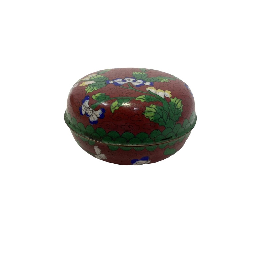 Vintage Floral Cloisonne Enameled Brass Trinket Dish with Lid 4"